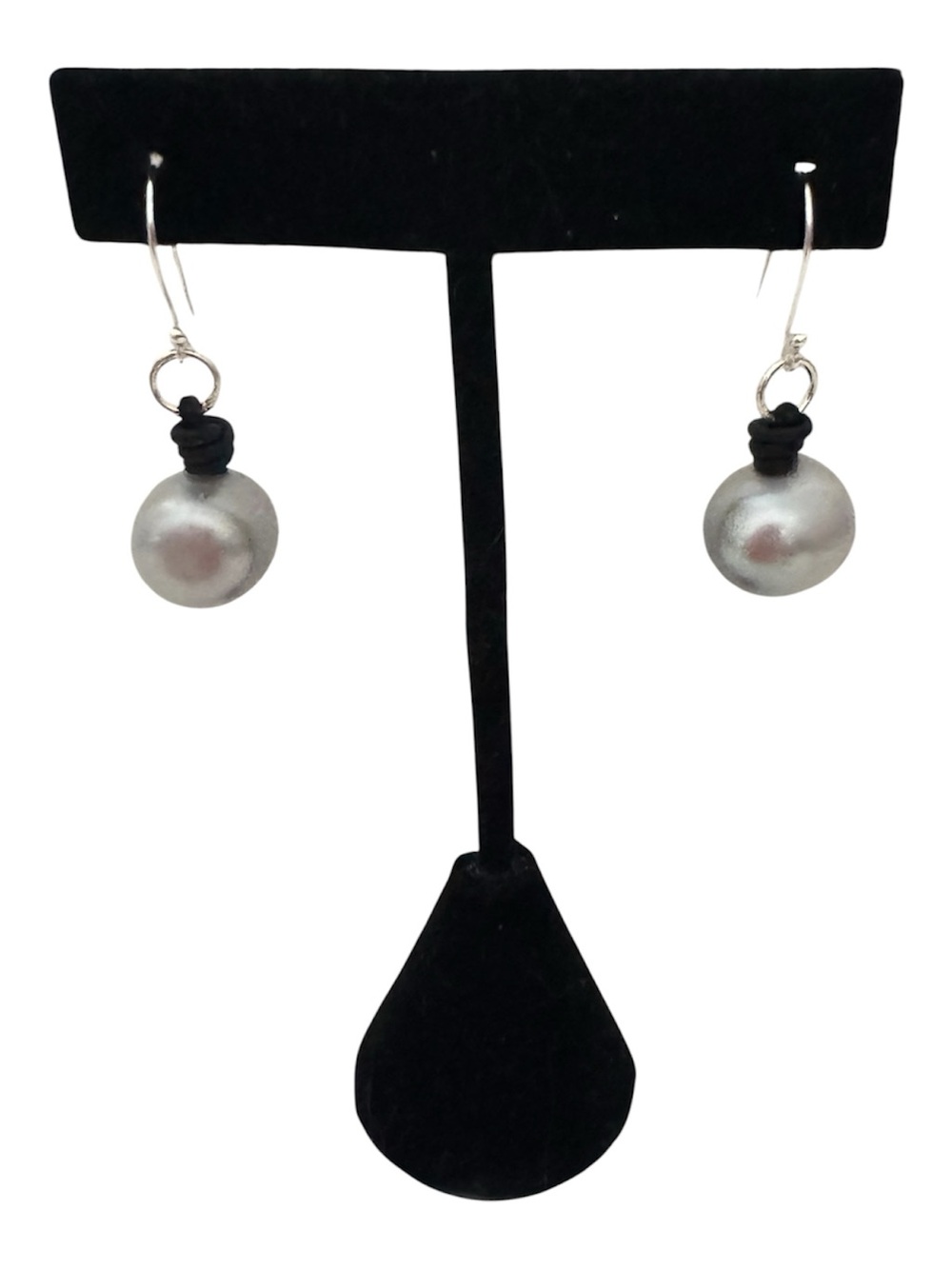 Sundance 925 Silver Pearl Gray Baroque Pearl Black Leather Knot Earrings NEW